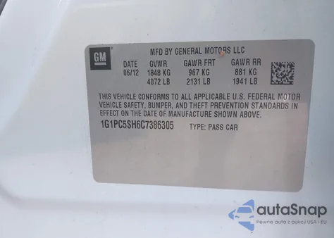 2012 Chevrolet Cruze Ls из США, поврежденный, VIN 1G1PC5SH6C7386305